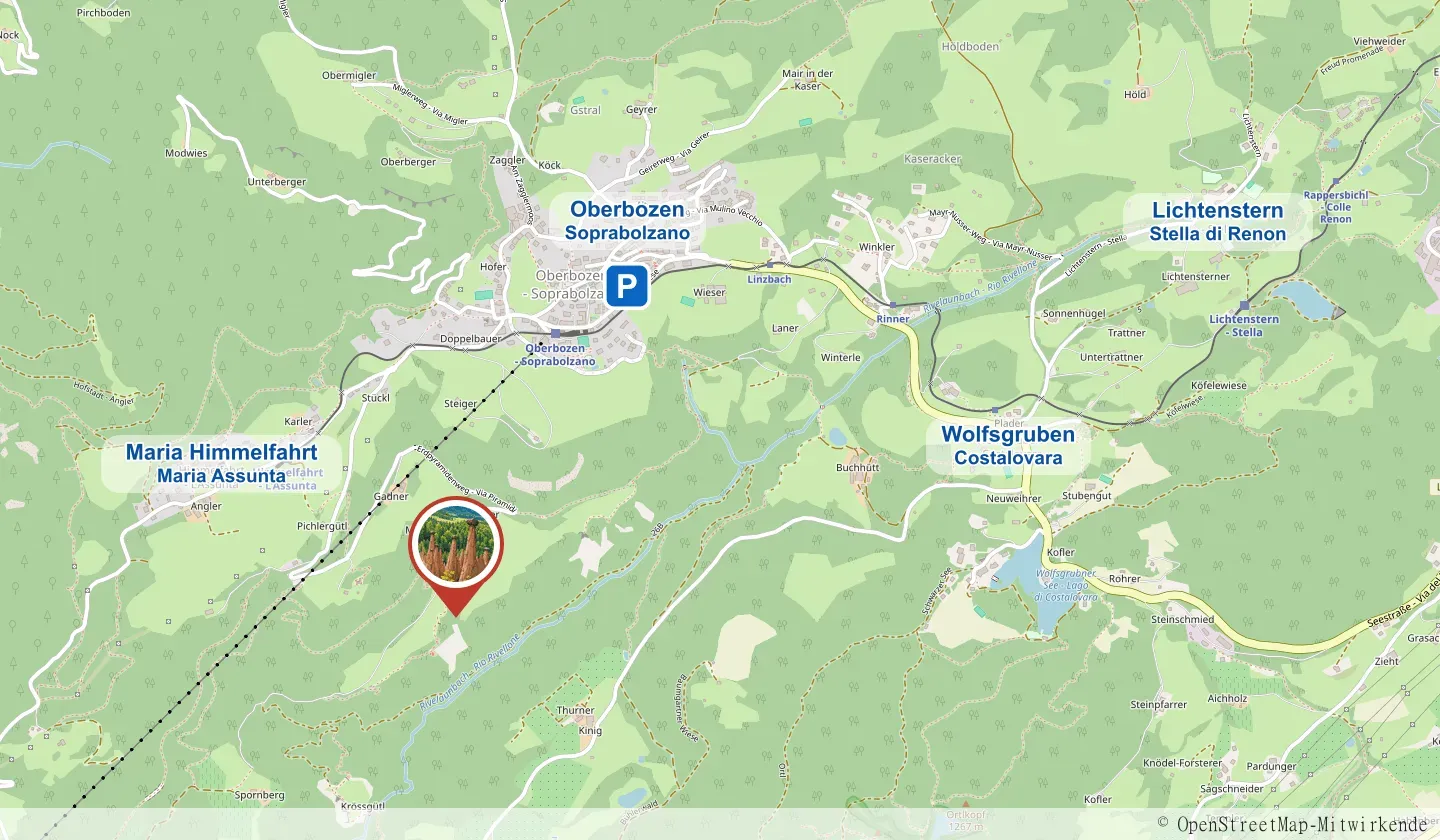 Karte: Erdpyramiden bei Oberbozen am Ritten inkl. Parkplatz im Dorf