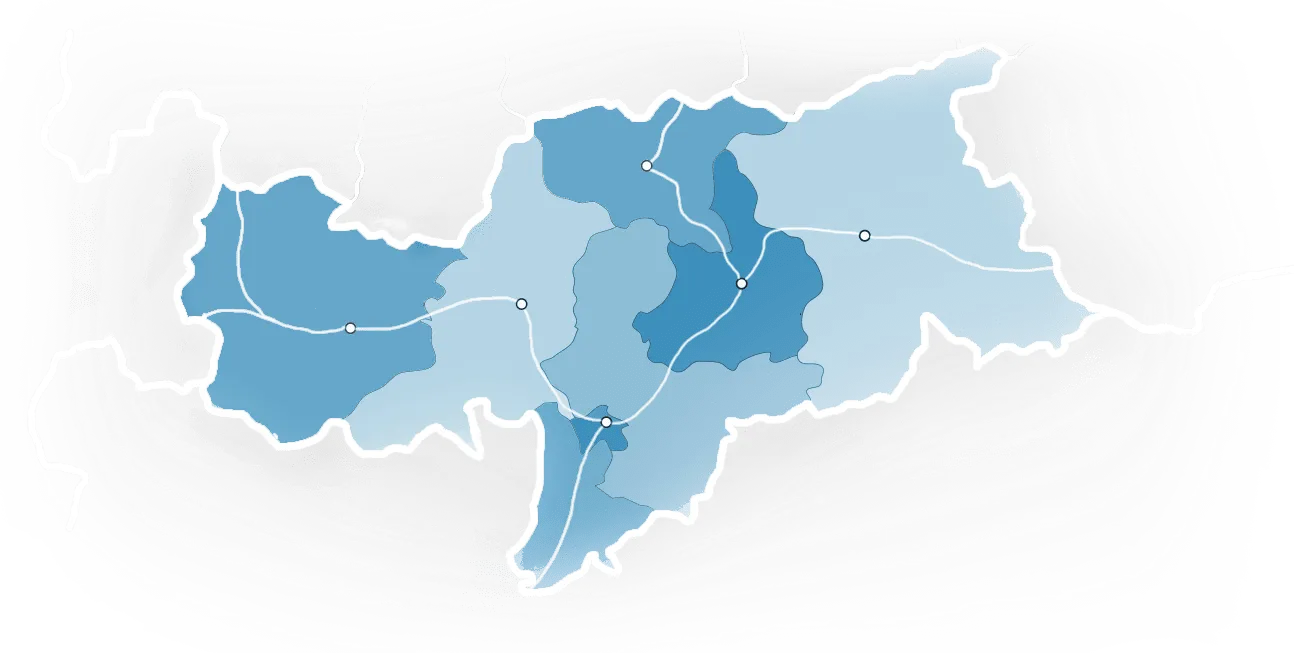 Karte von Südtirol mit den wichtigsten Städten und der Lage des Birbamergut